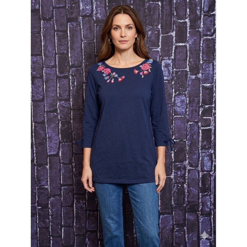 Talbots Pullover Blouse Women's XL Navy Blue Floral Embroidered Boat Neck NWT
